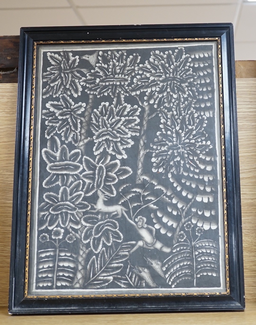 Batuan School, Balinese 1930s, gouache on paper, Man and animals amid trees, 37 x 27cm